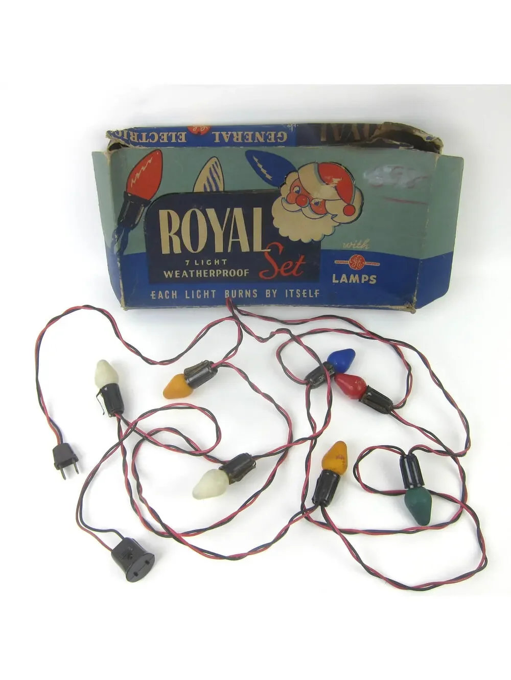 Vintage Christmas Lights 7 Light String Set & Box Blue Red Yellow Green WORKS